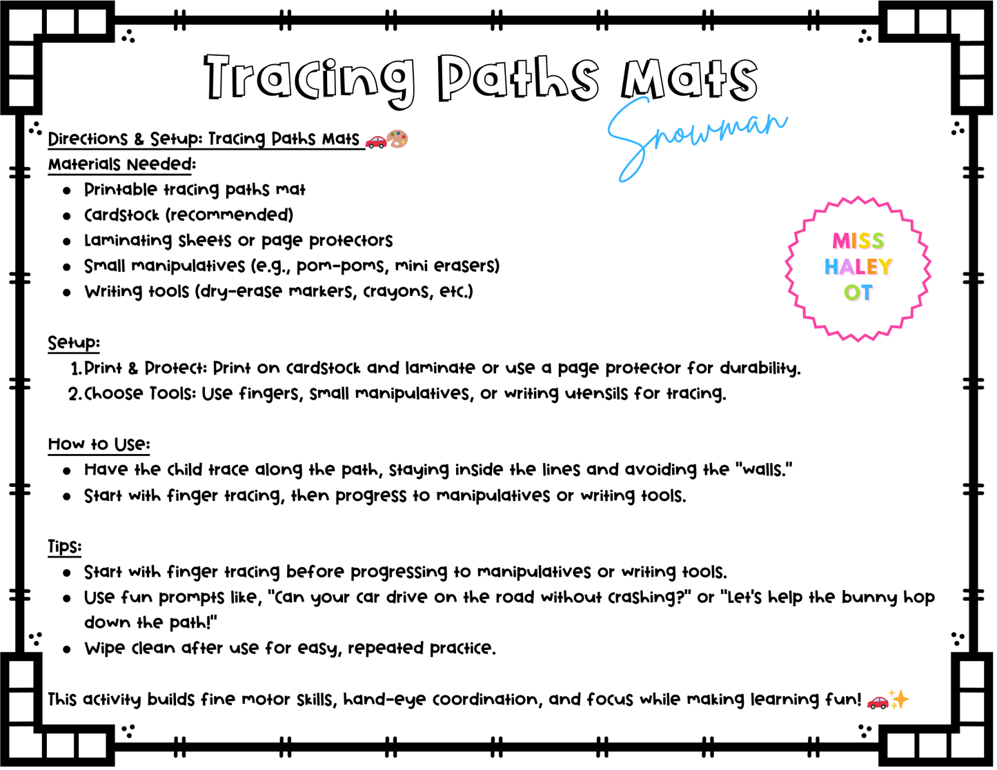 Winter Snowman Tracing Paths Mat | Perfect for Fine Motor and Pre Writing Practice